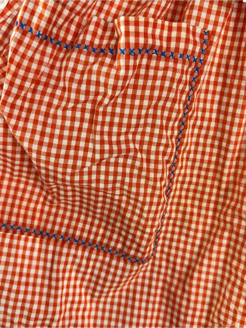 vtg apron handmade embroider cross stitch tomato red Gingham cottage kitschy